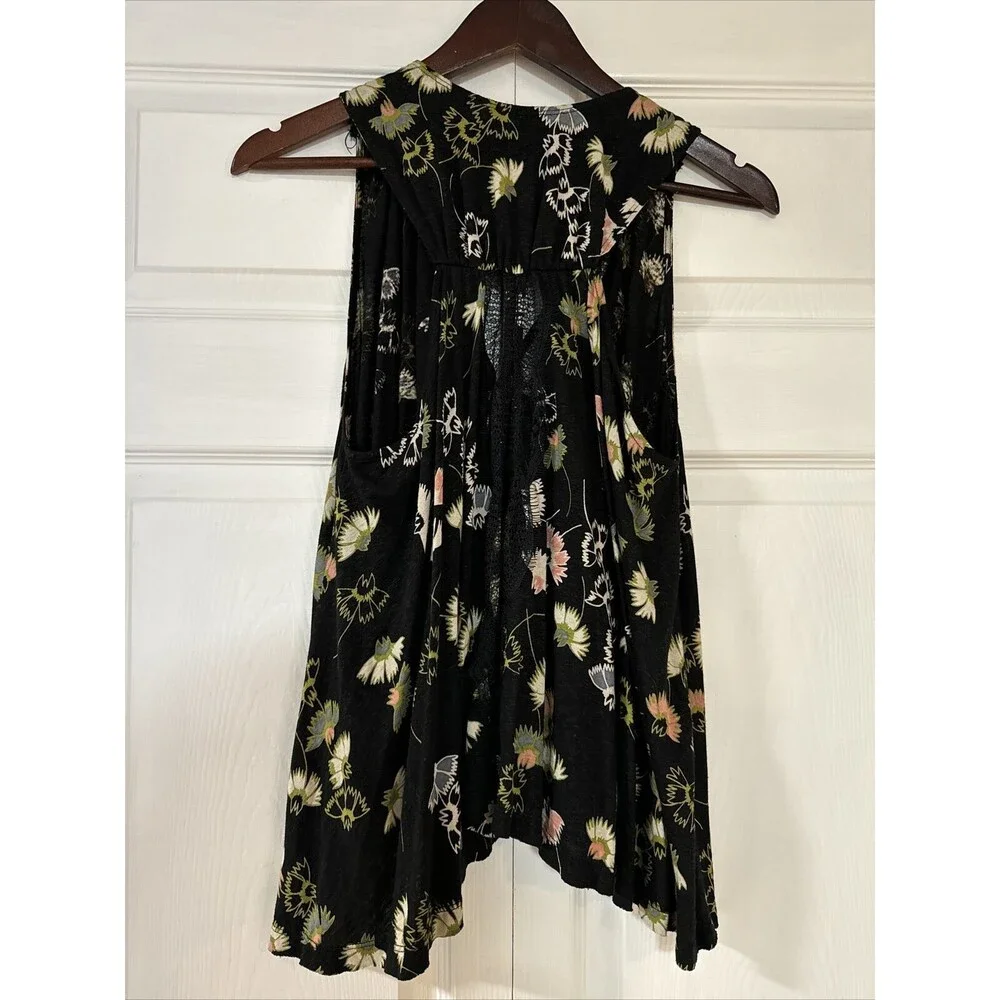 Free People Shirt Womens XS Black Floral Tank Top Flowy Boho Open Back Lace